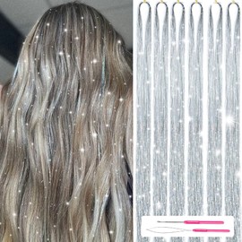 MISSUHUI Hair Tinsel Kit With Tools 48 Inch 1200 Strands Glitter Tinsel Hair Extensions Sparkling Shiny Hair Tinsel Strands Kit Heat Resistant for Women Girls 6Pcs (Silver)