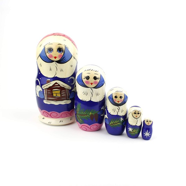 Heka Naturals Snow Maiden Nesting Dolls | All Natural Wooden Matryoshka Doll Set of 5 (18 cm) - Traditional Babushka Home Decor, Wooden Stacking Toys, Handmade Toys & Games, Shape Sorter Accessories
