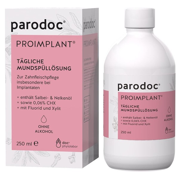 doc phytolabor parodoc Proimplan 250 ml Daily Mouthwash Solution Gum Care Implants Sage Oil Clove Oil with Fluoride Xylitol No Alcohol