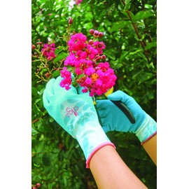 Digz Long Cuff Stretch Knit Garden Gloves with Full Finger Latex Coating | Color: Blue Leaves Pattern | Size: Medium