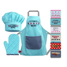 Emily´s Check Chef's Hat + Kitchen Apron + Oven Glove for Children - 3-Piece Set 1428.2002, Kitchen Hero, Medium [7-12 Years]