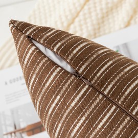 Kevin Textile Pack of 2 Farmhouse Decorative Throw Pillow Covers Boho Woven Texture Burlap Linen Cushion Cover Striped Pillowcase, Brown 20 x 20 inches 50 x 50 cm