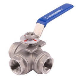 DERNORD 3-Way Ball Valve, T Mounting Pad, Stainless Steel 304 Female Type with Vinyl Locking Handle (3/4 Inch NPT)