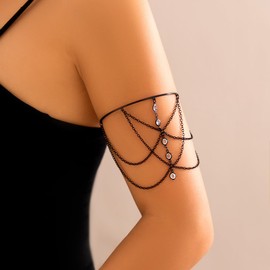 Bethynas Boho Upper Tassel Cuff Punk Layered Bar Star Pendant Arm Bracelet Roman Open Armband Summer Beach Party Arm Jewelry for Women (Crystal - Black)