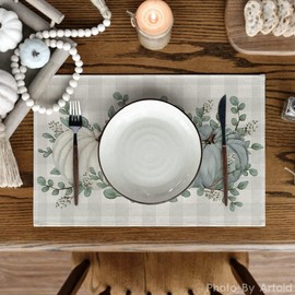 Artoid Mode Buffalo Plaid Eucalyptus Pumpkins Leaves Fall Placemats Set of 12，12x18 Inch Autumn Table Mats for Party Kitchen Dining Decoration