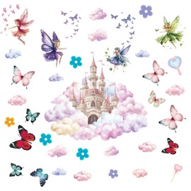 PLIGREAT Princess Castle Wall Decal, Watercolor Cloud Fairy Castle Wall Sticker, Multicolor Vinyl Removable Wall Decal for Bedroom, Nursery, Living Room, Home Wall Decor