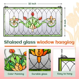 Maxdot 32 x 16 Inch Stained Glass Window Hanging Panels Horizontal Transom Window with Hanging Chain Rainbow Effect for Living Room Bedroom Wall Decor Bohemian Photo Backdrop
