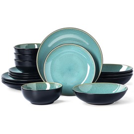 Plates and Bowls Sets for 4 - CJDC-QUELO 16-Piece Stoneware Dinnerware Sets, Ceramic Dishware Set for Kitchen Use and Formal Dining, Chip and Scratch Resistant Microwave Dishwasher Safe, Green
