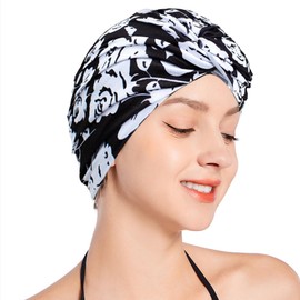 SUNTRADE Women Lady Girls Bathing Cap Long Short Hair Swiming Cap Pleated Knotted Turban Hats Non-Waterproof Swim Cap (Black-Rose)
