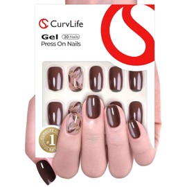 Curvlife 30pcs Press on Nails, Soft Gel Fake Nail with Botanical Brown Short Square Apricot Design, Full Cover False Nails Tips Glossy Nude Glue on Nails Artificial Stick on Nails for Women