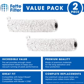 Fette Filter - Wood Floor Brush Roll Compatible with Bissell 2785 for Crosswave Cordless Max Multi-Surface Wet Dry Vac Compare to Part # 1618640 (Pack of 2)
