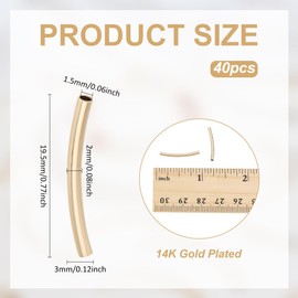 PH PandaHall 40PCS 14K Gold Plated Noodle Beads, 20mm Curved Long Tube Spacer Beads Tube Spacers for DIY Summer Wrist Bracelet Anklet Necklace Earring Jewellery Making Accessories