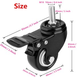 Youngine 4 Pack, Locking Threaded Stem Mount 1.5" Swivel Caster Rotation Polyurethane Castor Wheel and Brake for Trolley, Carts, Furniture, Dolly, Workbench (M10 x 25mm)