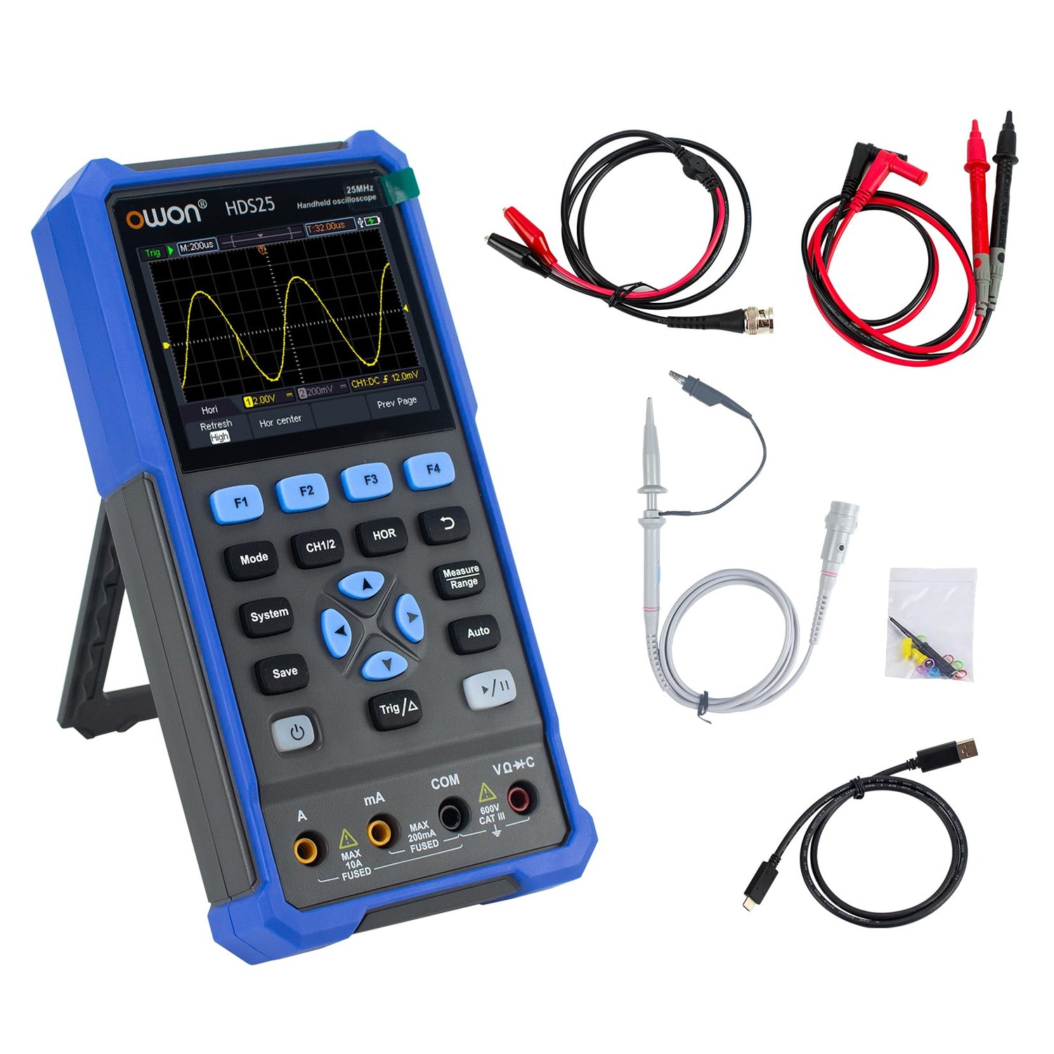 Oscilloscopio Multimetro OWON HDS25 2 In 1 Portatile | 25 MHz, 2 Canali, 20000 Conteggi | Display LCD 3,5" USB-C