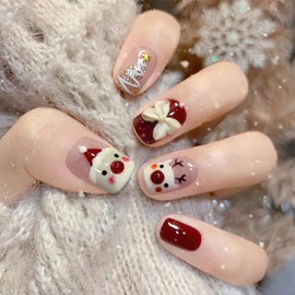 Christmas Press on Nails Short, Red Christmas Fake/False Nails with Cute White Bow&Elk Press ons Designs Square Christmas Nails Press on Acrylic Artificial Nails Stick on Nails For Women 24Pcs