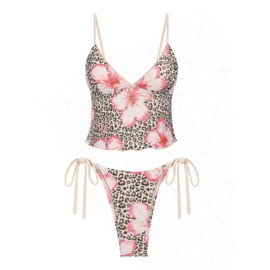 seamoly - Conjunto de tankini de rayas con lazo lateral, Café ligero-04, Large
