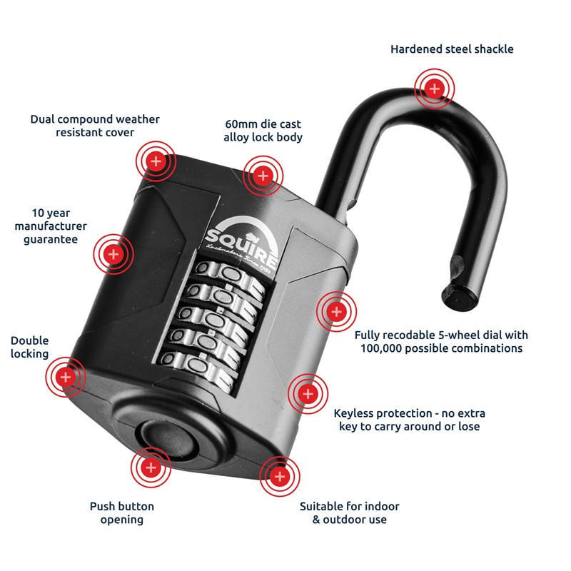 Squire CP60 Combination Padlock, 60mm, Black, 5-Wheel Lock