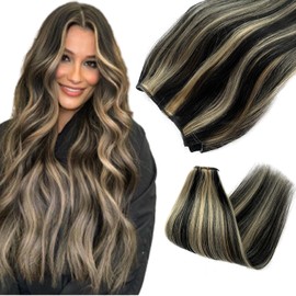 Sew in Hair Extensions - Real Human Hair Bundles, Highlighted Weft, Natural Black and Blonde, 14 Inch Hand Tied Wefts, 80G Weave Extensions for Women