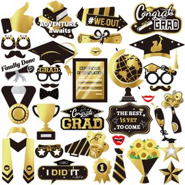 Graduation Party Decoration 2025 Pack of 36 Black Gold Graduation Party Photo Booth Props Decoration Graduation Photo Props for Graduation 2025 Bachelor Carnival Party Decoration