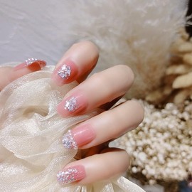 Nail Tips, Glossy Pink Marble Shell Stone Nail Set of 24, Sweet Girls, Coming of Age of Arts, Receptions, Parties, After-parties, Weddings