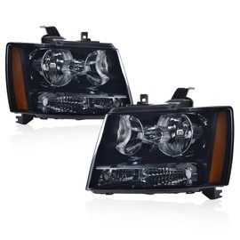 GRAND ORANGE Headlights Assembly Compatible with 2007-2014 Chevy Suburban Tahoe/Fit for 07-13 Chevy Avalanche Headlamps Smoky lens Black Housing Amber Reflector