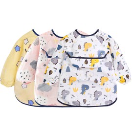 3 Pcs Long Sleeve Baby Bibs Set, Baby Smock Bib Infant Feeding Bibs with Food Catcher Pocket Waterproof, Wipe Clean Fit Toddler 3-24 Months