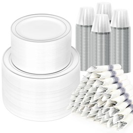 700 Piece Dinnerware Set for Wedding & Party,100 Guest RimPlastic Plates,100 Plastic Silverware,100 Cups,100 Linen Like Napkins (Silver)