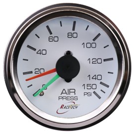 RACETECH 52mm 2-1/16" Mechanical Dual Air Bag Suspension Pressure Gauge 0150 PSI 1/8NPT White Dial Chrome Rim for Air Ride Suspension Systems