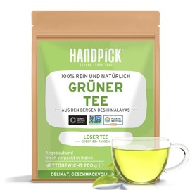 HANDPICK, Grüner Tee Lose Blatt (200g/7oz) Brüht +100 Tassen | Nicht-GVO, 100% Reine Grüntee Blätter Aus Dem Himalaya, Indien | Wiederverschließbarer Ziplock-Beutel | Tee Lose, Loser Tee