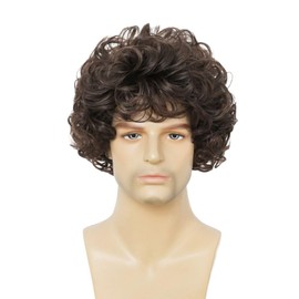 Salaibs Mens Short Brown Curly Wigs Synthetic Heat Resistant Hair Wig Cosplay Daily Wig