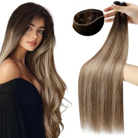 Moresoo Hand Tied Weft Hair Extensions Human Hair Genius Ombre Dark Brown to Golden Brown with Honey Blonde Sew in Extensions Genius Wefts Remy Invisible 80g 22 inch