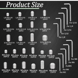 Ruibapa 525 PCS Set Screw Assortment Kit Metric + SAE 24 Size 304 Stainless Steel Grub S