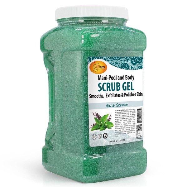 SPA REDI - Exfoliating Scrub Pumice Gel, Mint and Eucalyptus, 128 Oz - Manicure, Pedicure and Body Exfoliator Infused with Hyaluronic Acid, Amino Acids, Panthenol and Comfrey Extract