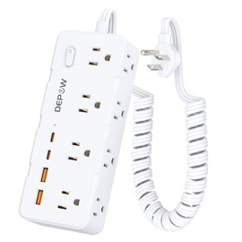 DEPOW Power Strips with Surge Protection, 1 FT to 4 FT Spring Retractable Extension Cord with 8 AC & 4 USB Ports (2 USB C), 1700J Surge Protector, Flat Plug, Wall Mountable for Home Office, White