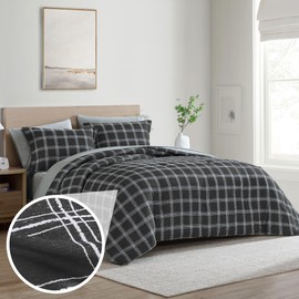 Cathay Home Basic Bedding Home Essential Ultra Soft Lightweight 7PC Wrinkle Resistant Microfiber Bed in a Bag Set (Includes Complete Sheet Set & Comforter Set) - Black Plaid, Queen
