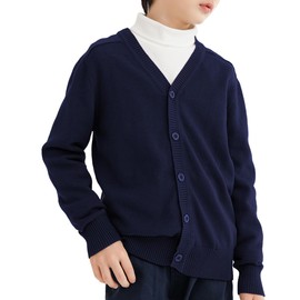 CUNYI Boys' Button-up Cardigan with Elbow Patches V-Neck Cotton Knit Sweater Casual Outerwear, Dark Blue, 160