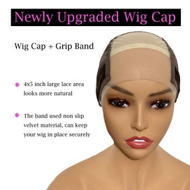 Lace Wig Grip Cap for Women 4x5 Transparent Lace Reusable Wig Caps, Wig Grip Band for Lace Front Wigs to Keep Wigs in Place, Adjustable Wig Cap with Grip Band Non Slip Cap (Beige)