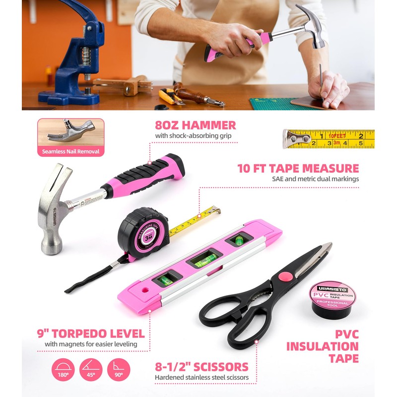 URASISTO Pink Household Tool Set with 3.6V USB Electric Screwdriver,