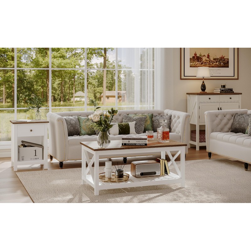 ChooChoo Farmhouse Nightstand with Charging Station, Wooden Top Bedside End
