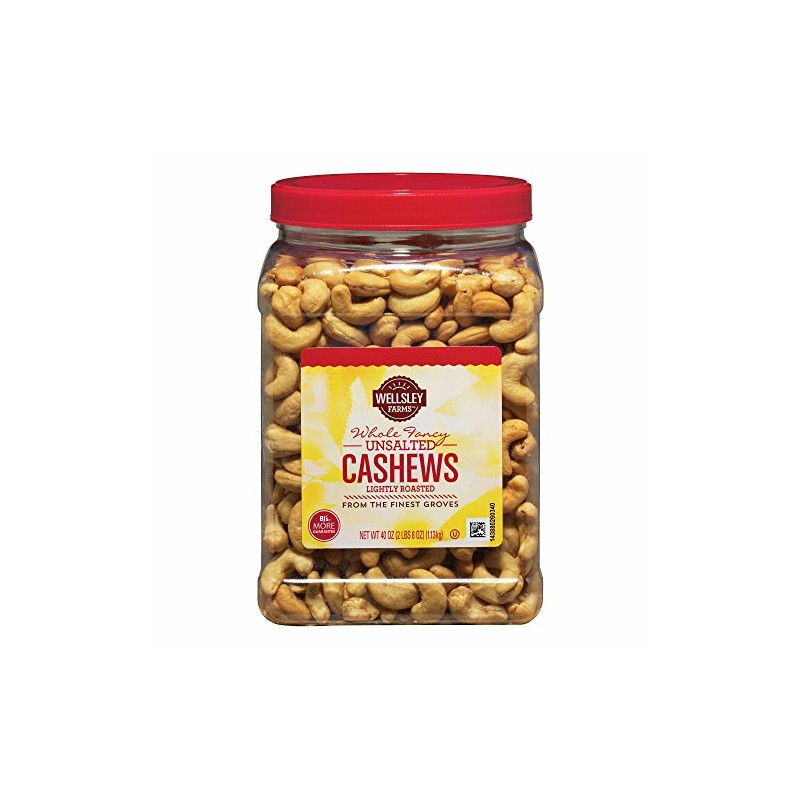Wellsley Farms Unsalted Roasted Whole Cashews, 2.5 lb.