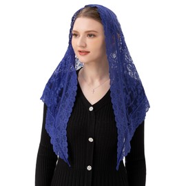 PAMOR Velos para Iglesia Católica Triangluar Bufanda Bordada Capilla Velo Cabeza Mantilla Latina Mass, Azul marino, 50inches