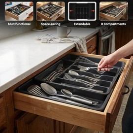 HI NATURE™ Cutlery Tray Drawer Insert Adjustable - Extendable Cutlery Holder for Drawers, Expandable Cutlery Tray Large, Cutlery Tray Plastic Extendable, Drawer Insert for Cutlery