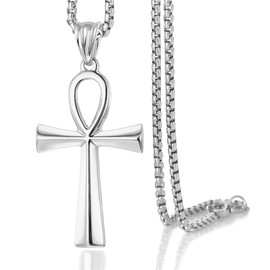 Ankh Cross Pendant Necklace for Womens Mens Gold Black Silver Tone Stainless Steel Rolo Curb Chain (SILVER, chain length:20")