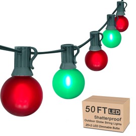 50FT G40 LED Christmas String Lights, Globe Outdoor String Lights with 27 LED Frosted Red Green Bulbs(2 Spare), Vintage Christmas Lights for Patio Balcony Roofline House Tree Decor, Green Wire
