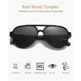 ANRRI Wood Sunglasses UV Protection Polarized Lenes Classic Aviator Wooden Black Frame for Men
