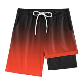 Boys Swim Trunks with Compression Liner UPF 50+ Quick Dry Bathing Suit Kids Beach Shorts Swimwear 7-20T, Black Red Ombre, 14-16