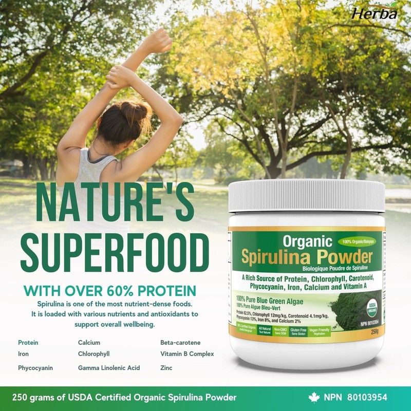 Herba Organic Spirulina Powder 250g – Certified USDA Organic &