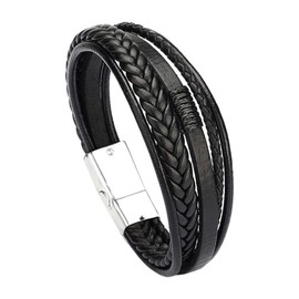 Generic Woven Braided Leather Mens Bracelet 20cm Cuff Bangle Wristband, Vintage Style - Black Silver Metal