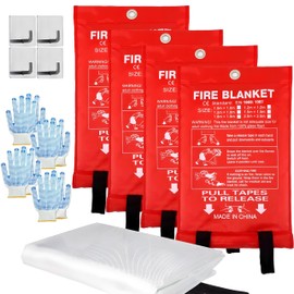 MDH Fire Blanket 40x40 Inch Fiberglass w/Gloves+Hooks+Whistle - Fireproof Safety for Home, Kitchen, Restaurant, House - Reusable (Fire Blanket Pack of 4)