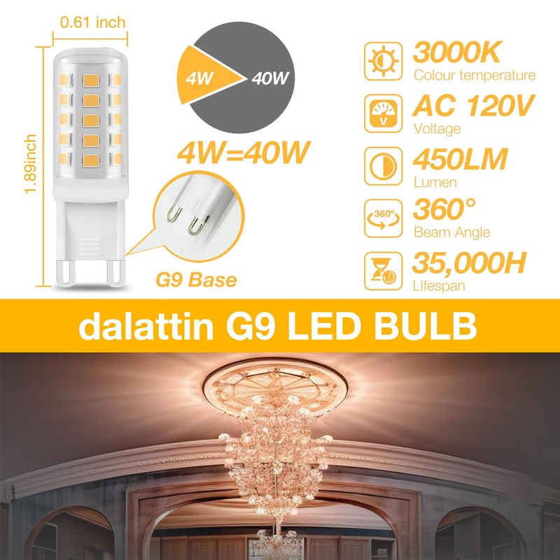dalattin G9 LED Light Bulbs, 3000K Warm White G9 Base